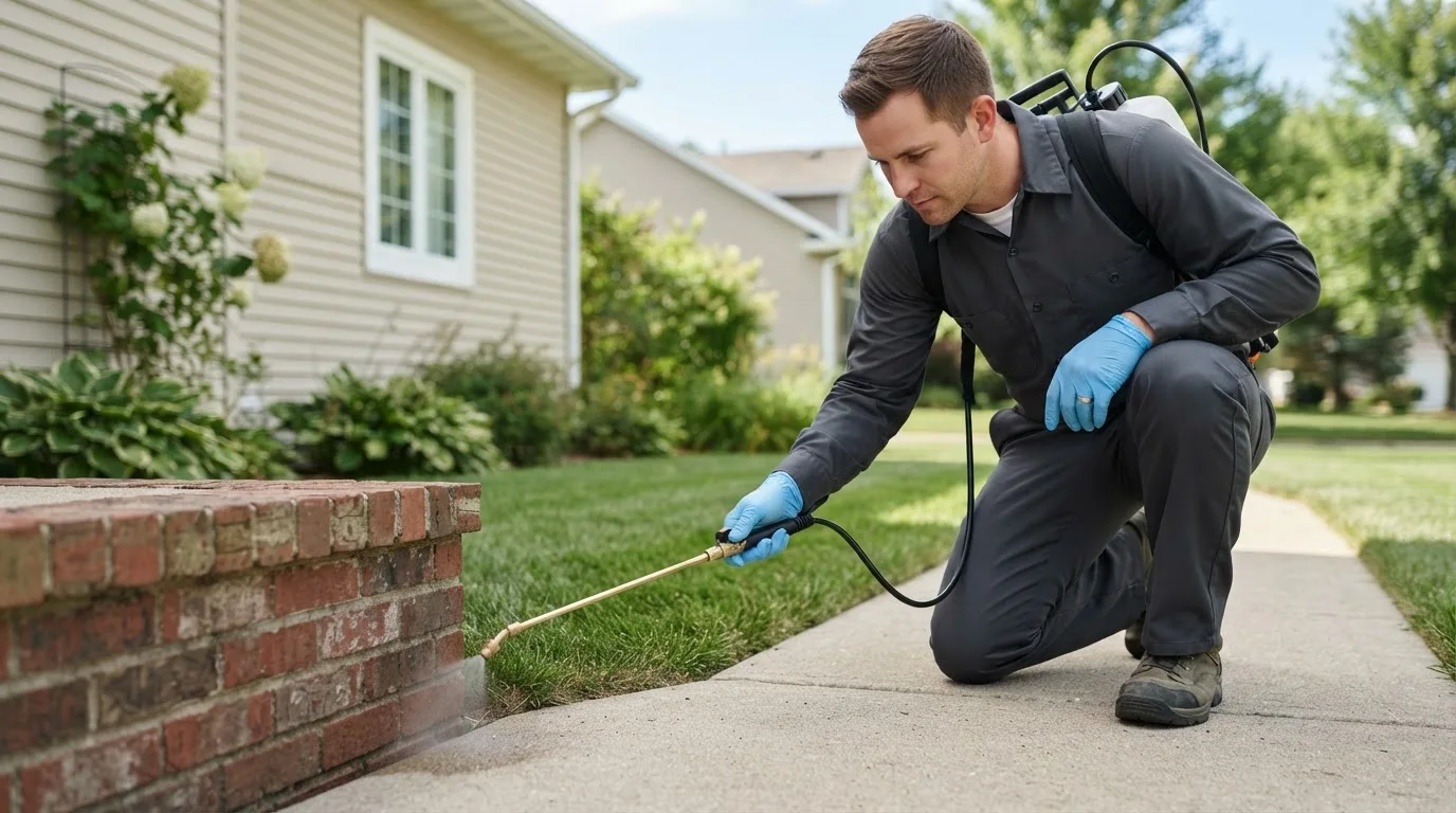 Pest control technician treating a home near Fairfield, IA