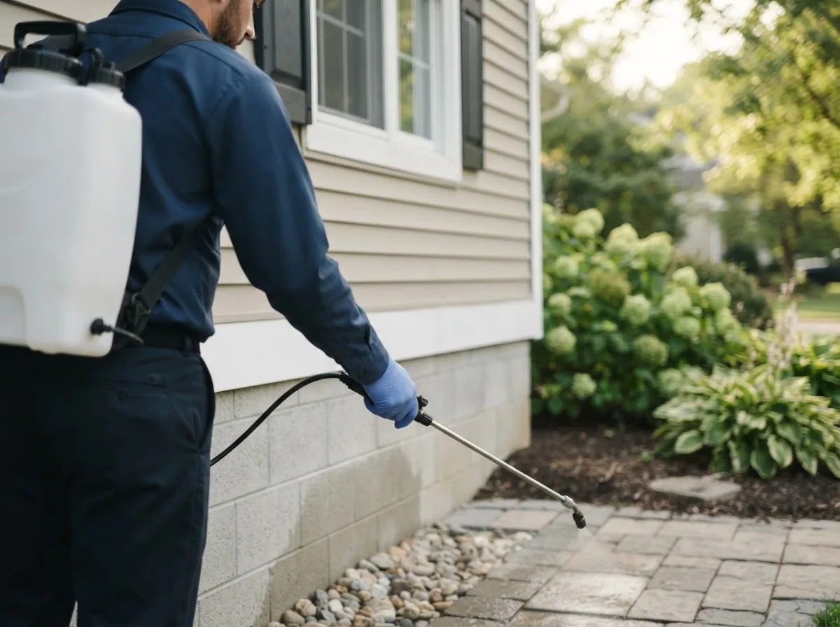 Pest control technician inspecting a home in Fairfield, IA